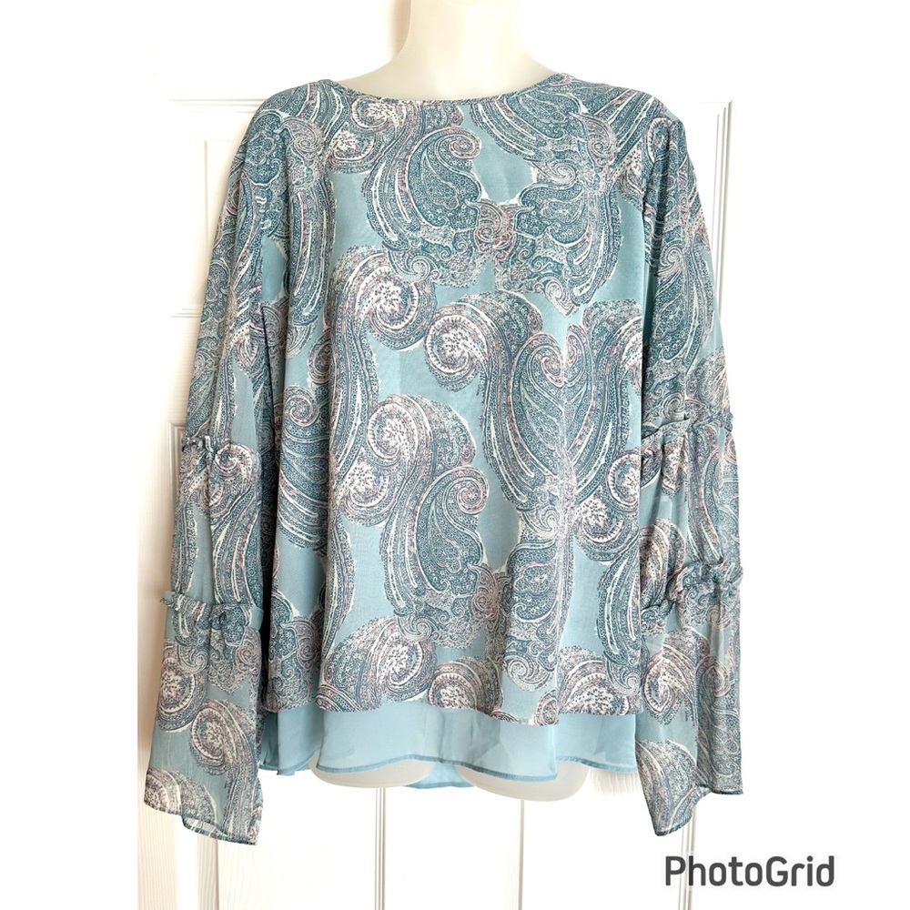 Light Blue and Purple Sheer Layered Paisley Print Blouse